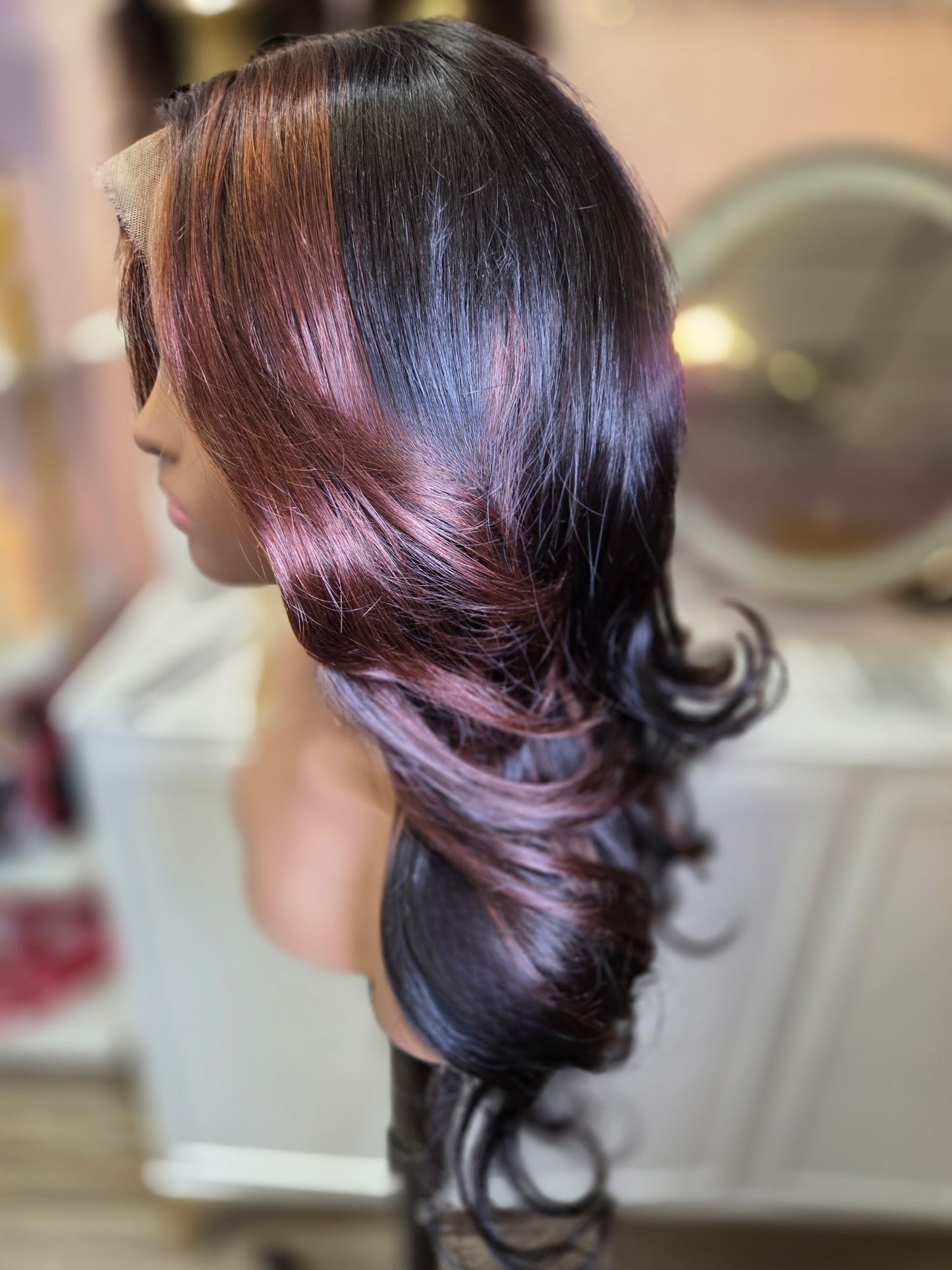 22 Inch Virgin Human Hair Wig - Black with Light Brown Highlights