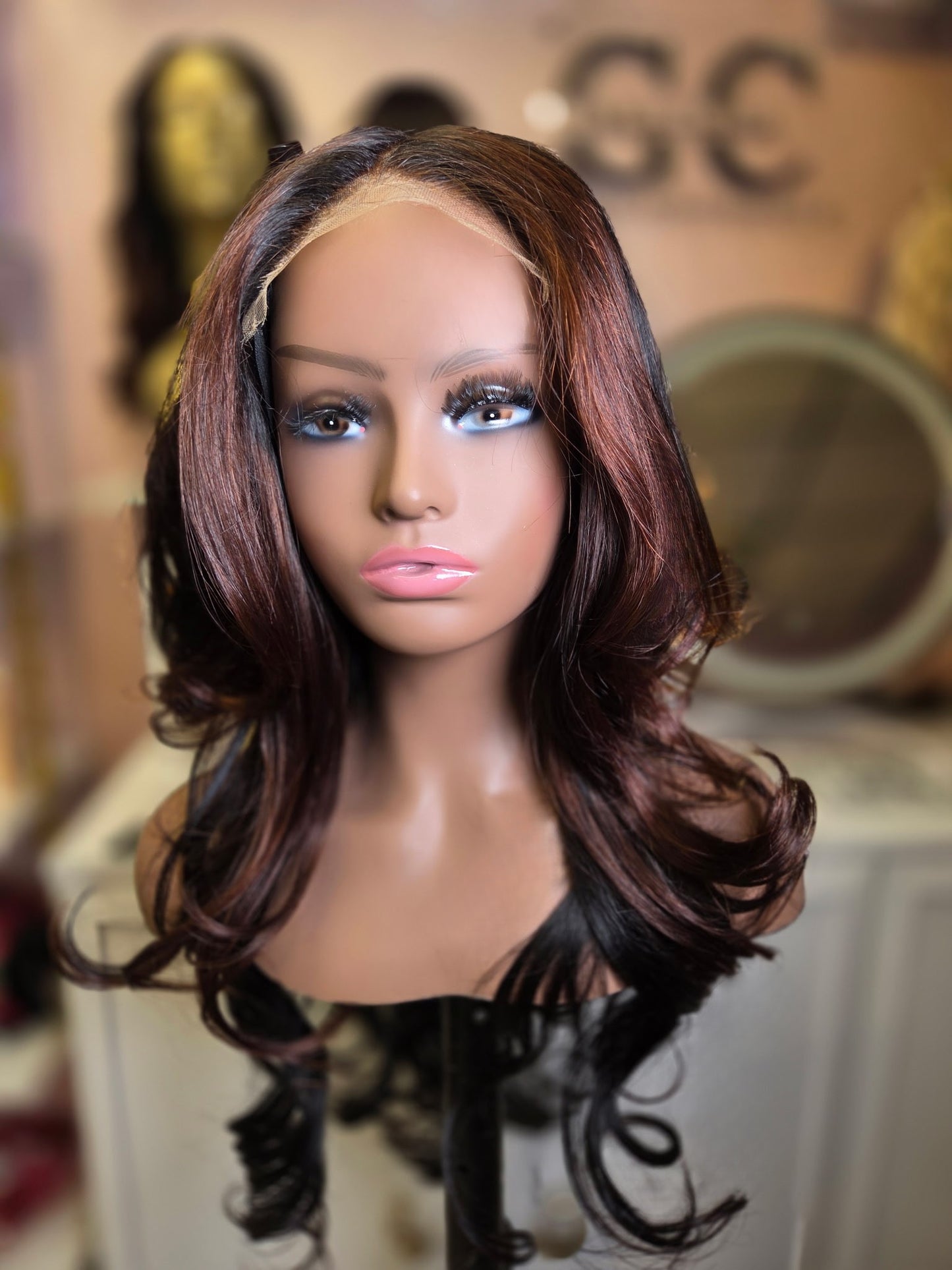 22 Inch Virgin Human Hair Wig - Black with Light Brown Highlights