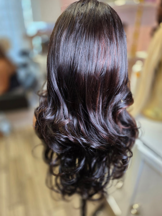 22 Inch Virgin Human Hair Wig - Black with Light Brown Highlights